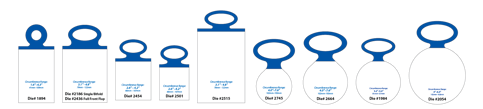 A variety of ElastiTag dieline shapes and sizes with blue elastomer loops on each. 
