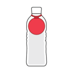 Stylized illustration of a white plastic water bottle with a red circular label on the neck.