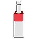An illustrated red square tag around the neck of a bottle. 