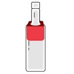 An illustrated red square tag around the neck of a bottle.