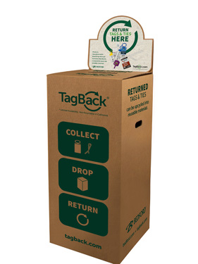 A cardboard collection box with "TagBack" branding, instructing users to collect, drop, and return tags and ties for upcycling.