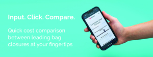 Hand holding iPhone that displays Bedford's Compare Your Closure webpage against teal background. Message "Input. Click. Compare. Quick cost comparison between leading bag closures at your fingertips." 