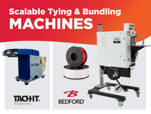 Graphic showcasing scalable tying and bundling machines, including a Tach‑It tabletop twist tying machine, Bedford twist tie material spools, and a Bedford Ring Tyer system, with headline “Scalable Tying & Bundling Machines.”