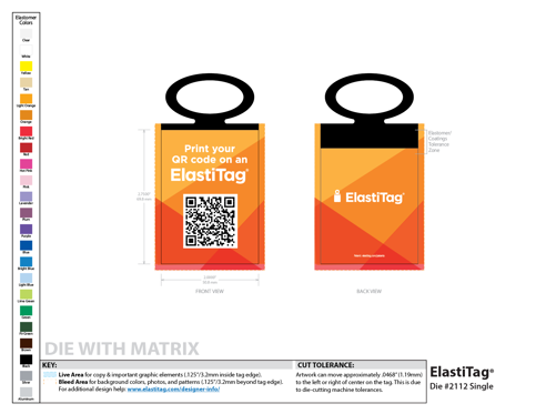 A tag design template with front and back views, dimensions, color swatches, and a QR code, labeled "ElastiTag."