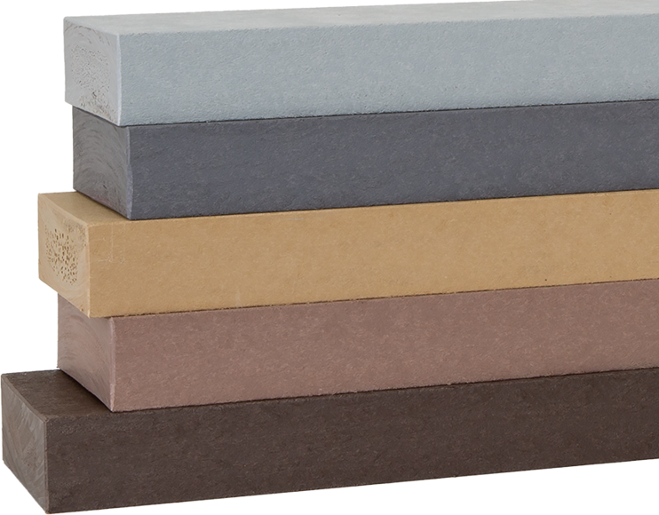 A stack of 5 recycled plastic lumber boards in blue, gray, and brown hues.