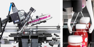 Left: A side view of an automated Northfield ElastiTag Applicator bottle labeling machine with a roll of labels and several bottles on a conveyor belt. Right: A close-up of a robotic arm applying an ElastiTag to a bottle, with several labeled bottles visible in the background.