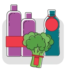3 grocery products. Left: two purple bottles with a red ElastiBand holding them together, center: green broccoli with a red ElastiTag produce barcode, right: a teal jug with a red circular bottlenecker.