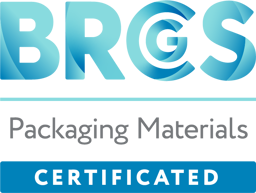 Blue "BRCGS" logo with "Packaging Materials Certificated" below.