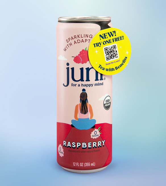 Pink Juni brand tea can with "New! Try One Free" ElastiTag sticker featuring a QR code. Woman meditating on can. 