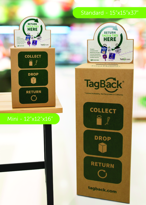 Two TagBack collection boxes, one mini (12"x12"x16") on a table, and one standard (15"x15"x37") on the floor.