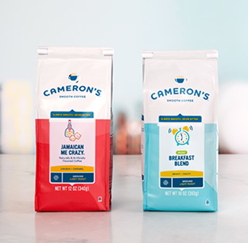 White coffee bag ties on Cameron's brand Jamaican Me Crazy and Breakfast Blend coffee bags