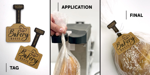 3-step process infographic with message "TAG, APPLICATION, FINAL" showing a bag tag application with a bag tag, bread going into twist tie machine, and bag tag applied.