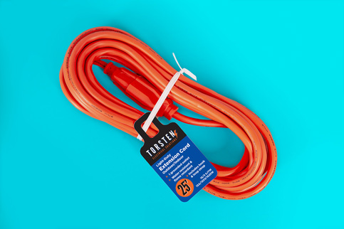 A 25-foot orange extension cord with a grounded outlet. It is coiled up by a white twist tie and has a blue ring tag with black text that reads "TORSTEN Light-Duty Extension Cord" and lists its features.