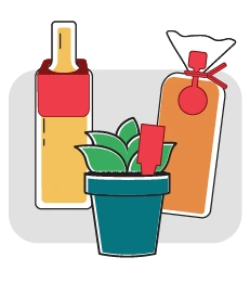 illustration of 3 items. Left: glass bottle with red square tag dangling, Center: potted plant with red plant stake, Right: loaf of bread with red twist tie and red circular bag tag.