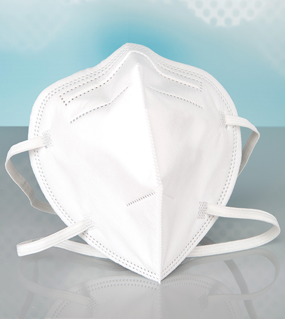 Bendable metal nose bridge strip shapes a white KN95 face mask with elastic string.