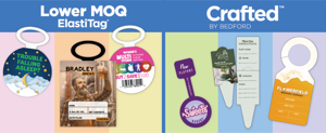 Left: Lower MOQ ElastiTag with 3 tags. Right: Crafted by Bedford with a purple bag tag, green plant stake, and yellow growler tag, against a pastel-colored background.