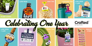 A collage of product tags and packaging, including a plant stake, bottle necker, bag tag, bottle tag, produce tag, shelf talker, ring tag, plant tag, and merch strip.