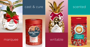 A variety of holiday-themed ElastiTag promotional hang tags with colorful blocks "marquee, cast & cure, writable, scented" 