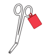A red ElastiTag hang tag on a pair of illustrated medical scissors.