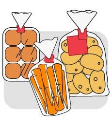 illustration of 3 grocery items. Left: buns with a red bag closure, center: bag of carrots with a red bag clip, right: bag of potatoes with a red bag flag.