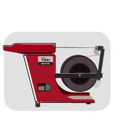 Illustration of a red twist tie machine with red twist tie spool attached. 