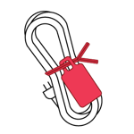 An illustrated red tag attached to a red twist tie wound around an electrical cord. 