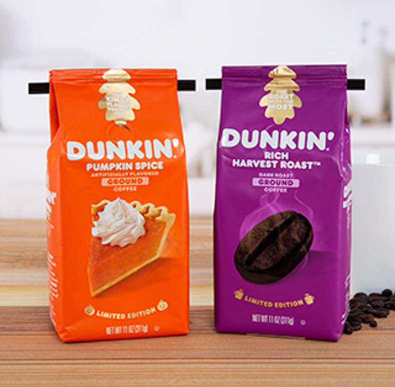 Black coffee ties on Dunkin' brand Pumpkin Spice and Rich Harvest Roast flavors coffee bags