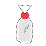 A red circle-shaped tag illustrating securing a plastic bag.