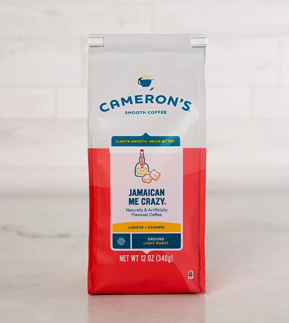 Cameron's brand coffee in a white and red bag, flavored Jamaican Me Crazy, with white Bedford Double Wire Tin-Tie as coffee bag closure.