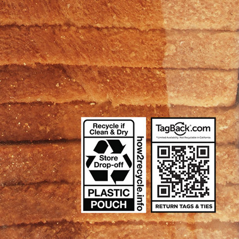 Two labels on a plastic bread bag. One label is a "how2recycle.info" label, which advises the user to "Recycle if Clean & Dry" and "Store Drop-off" for the "PLASTIC POUCH". The second label is for "TagBack.com" and includes a QR code with the text "RETURN TAGS & TIES".