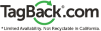 TagBack.com text logo in black with a green recycling symbol forming part of the 'a' in 'TagBack'. Below is small text stating 'Limited Availability. Not Recyclable in California'.