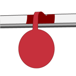 illustration of a red shelf talker that is slid into a retail shelf and a circular tag that dangles in front. 