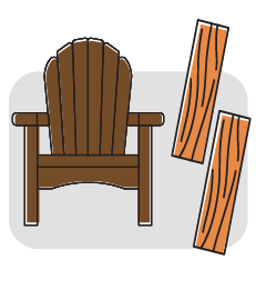Illustrated brown addirdonack chair on the left and two khaki colored recycled plastic lumber boards on the right. 