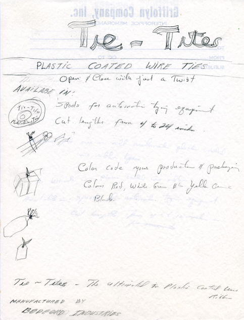 Original handwritten concept sketch for Bedford's plastic-coated wire twist tie, the foundation of Tie-Tites.