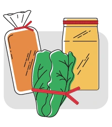 illustration of 3 grocery products. Left: loaf of bread with red twist tie, Center: leafy greens with red produce tie, Right: yellow coffee bag with red coffee bag closure.
