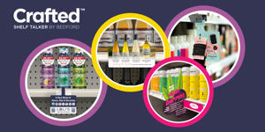 A collage of retail displays featuring various products, including wine, sauces, hair accessories, and beverages. Each display uses different marketing techniques like shelf talkers.