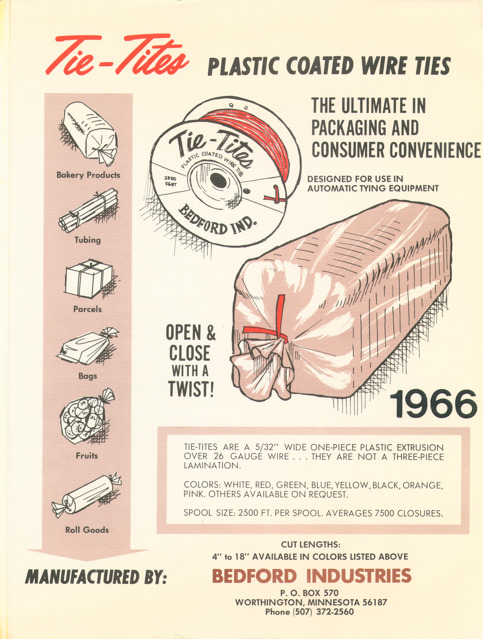 Vintage 1966 Bedford Industries advertisement promoting Tie-Tites plastic-coated wire ties for bakery packaging.