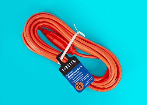 A 25-foot orange extension cord with a grounded outlet. It is coiled up by a white twist tie and has a blue ring tag with black text that reads "TORSTEN Light-Duty Extension Cord" and lists its features.