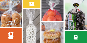 Collage of bread bags with tags. Includes buns, pretzels, oranges, potatoes. Tag icon repeats on colored squares.