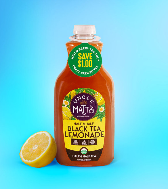 Uncle Matt's Organic brand Half & Half Black Tea Lemonade in a clear bottle with a "Save $1.00" green coupon tag. 