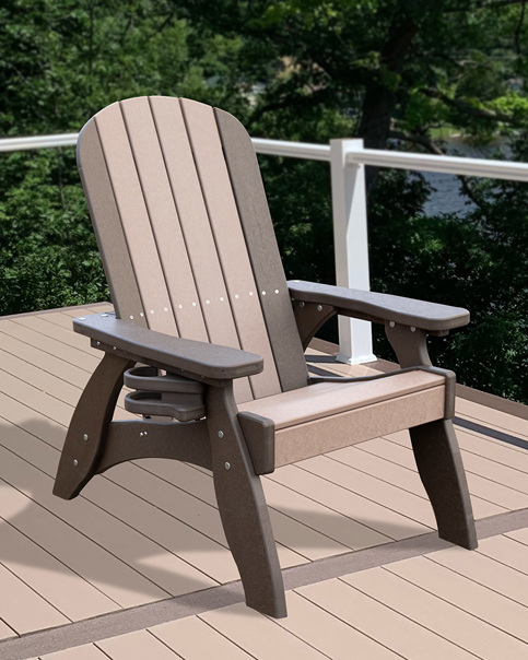 A two-tone brown and tan Adirondack chair on a deck. 