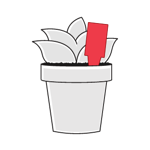 An illustrated red plant stake in a potted plant. 