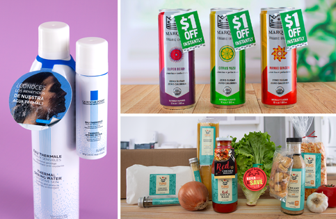 Variety of hangtags on health and beauty, beverage, and food products.