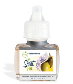 Scent Fill plug-in refill bottle. The ElastiTag label reads "Relax Blend" and "Scent Fill" and shows images of lavender and lemon.