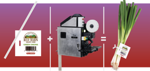 A diagram shows a Red Barn farm vegetable label, a labeling machine, and a bunch of green onions with a "Red Barn" TagTie label. 