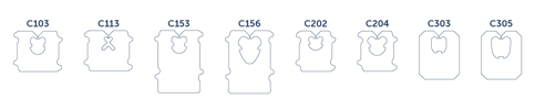 Eight bread tags with codes C103, C113, C153, C156, C202, C204, C303, and C305. Each has a unique shape and inner cutout.