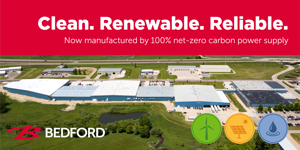 Aerial view of Bedford Industries’ manufacturing facility with "Clean. Renewable. Reliable. Now manufactured by 100% net-zero carbon power supply."