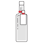 Small, trial-sized bottle attached to larger illustrated spirits-type bottle by red elastomer loops.