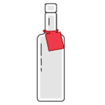 An illustrated red hang tag around a bottle neck. 