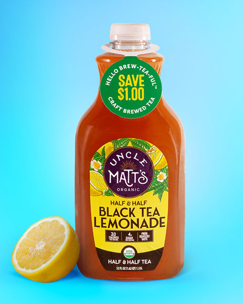 Uncle Matt's Organic brand Half & Half Black Tea Lemonade in a clear bottle with a "Save $1.00" green coupon tag.